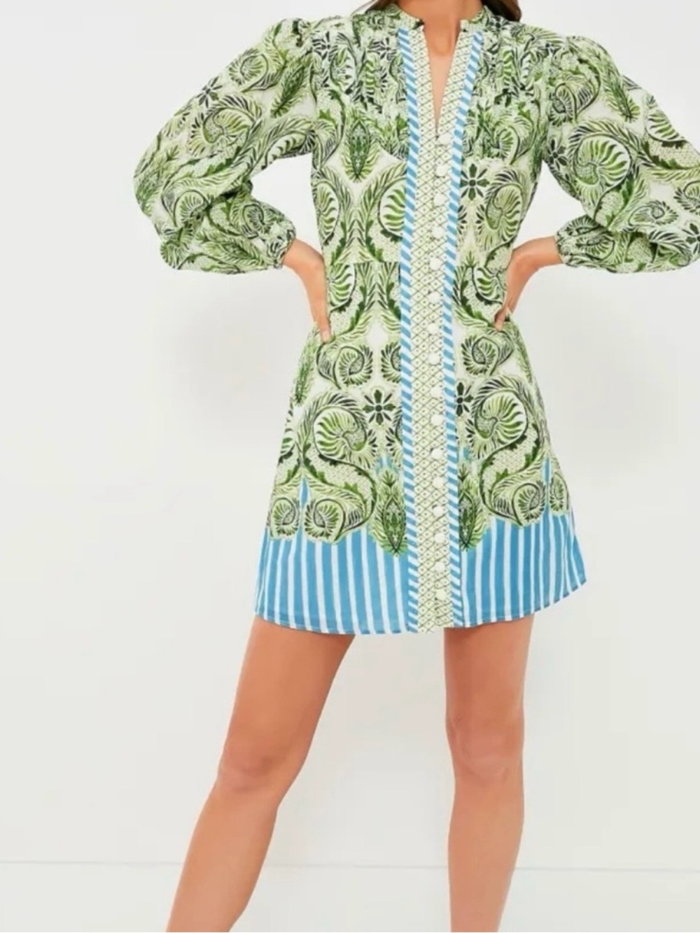 Anna Cate Printed Green & Blue Mini Dress with Long Puff Sleeves🌷